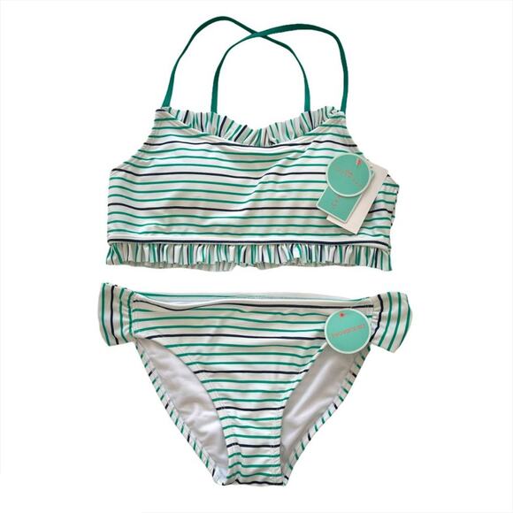 KIDS GIRLS Navy Blue Green Stripe Bikini Swim – Size 16 - Picture 1 of 4